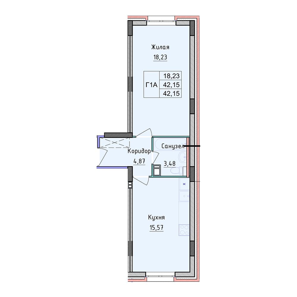 Планировка — 1-комнатная, 42.15 м²