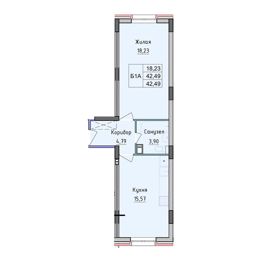 Планировка — 1-комнатная, 42.49 м²