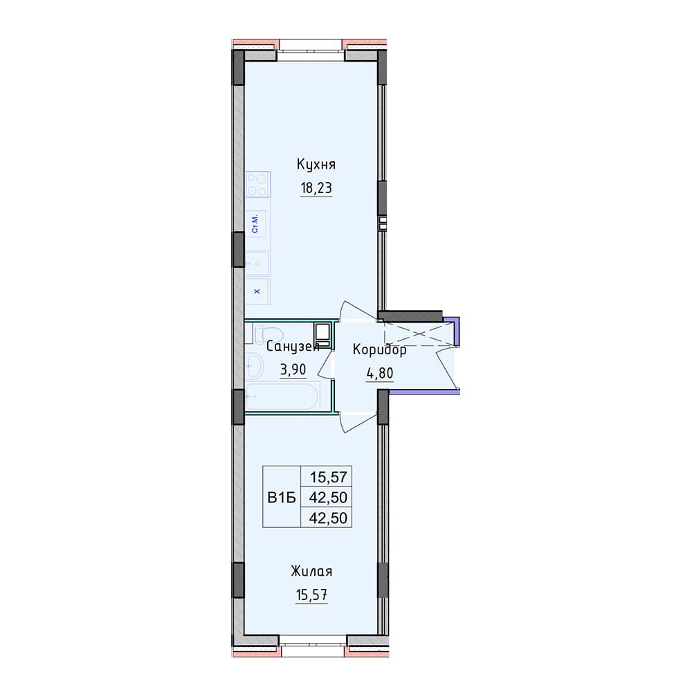 Планировка — 1-комнатная, 42.5 м², ЖК «Рассвет»