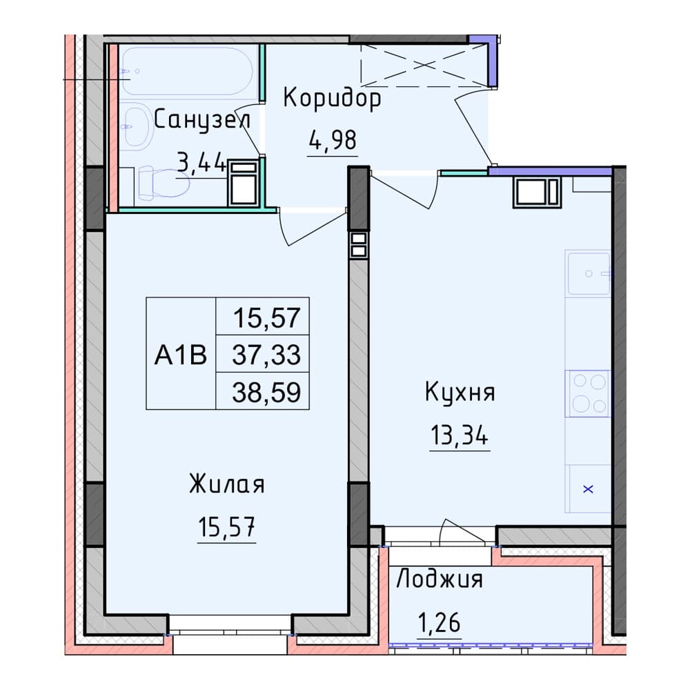 Планировка — 1-комнатная, 38.59 м², ЖК «Рассвет»