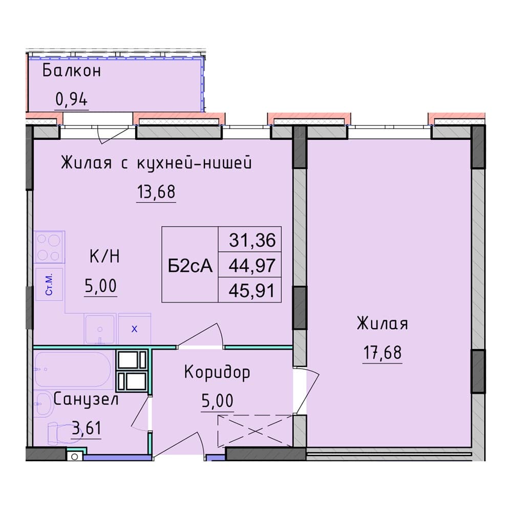 Планировка — 1-комнатная, 45.91 м², ЖК «Рассвет»