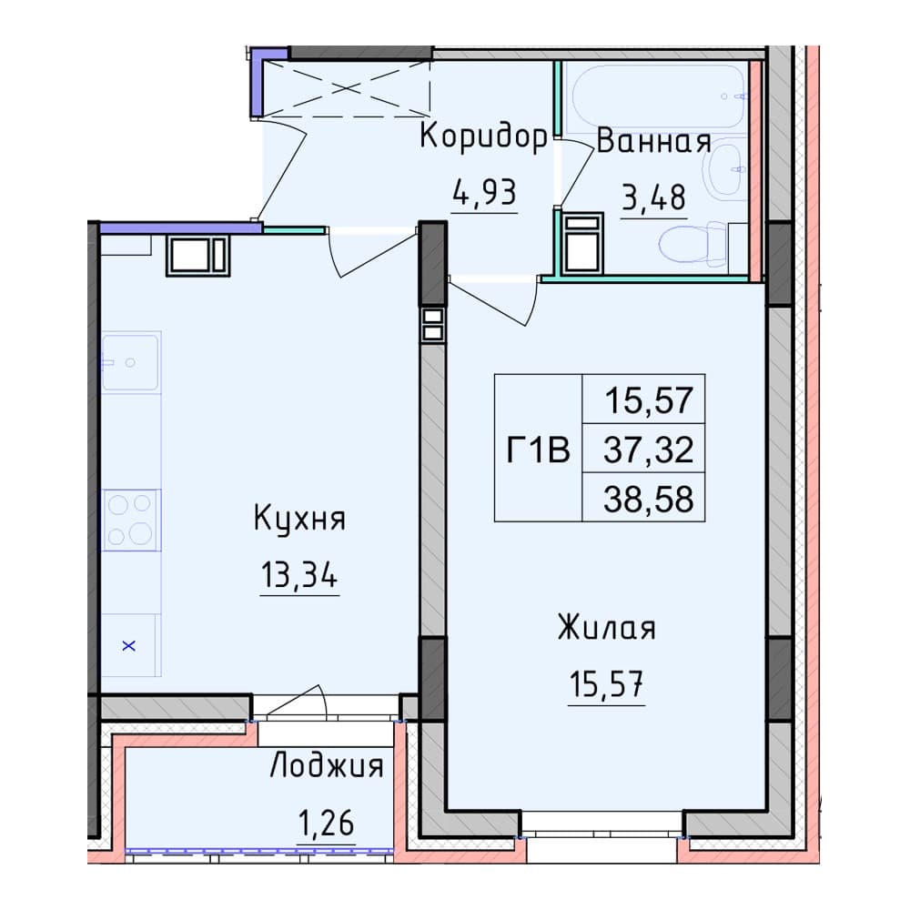 Планировка — 1-комнатная, 38.58 м², ЖК «Рассвет»