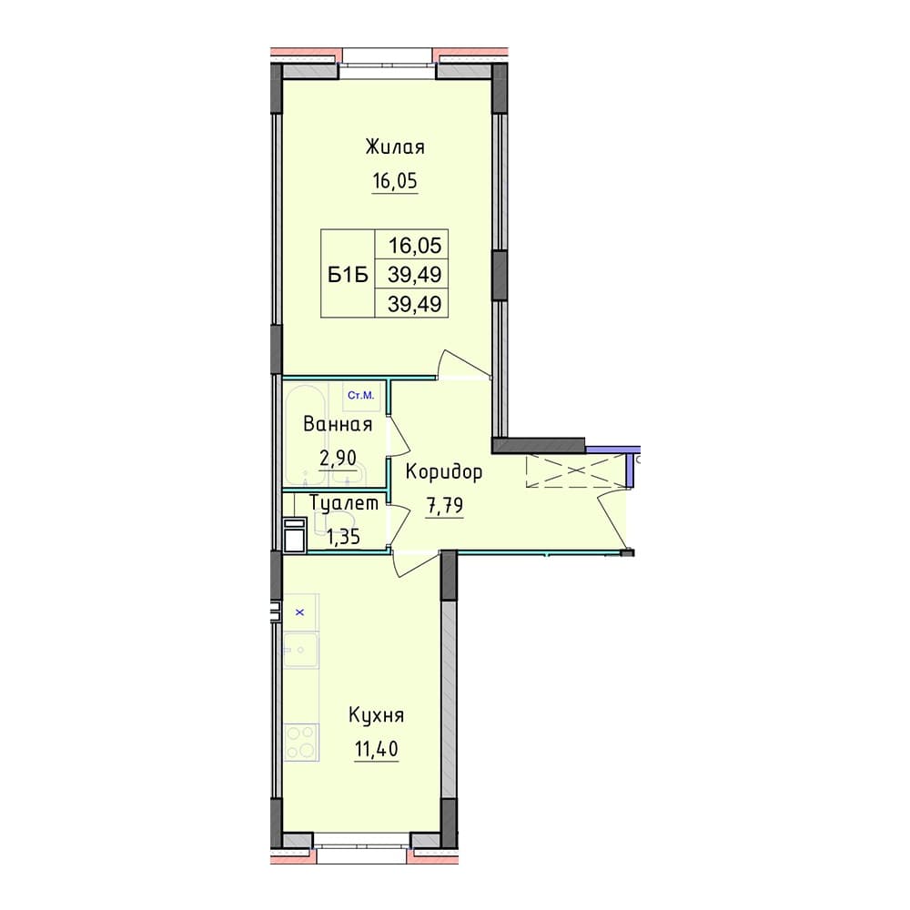 Планировка — 1-комнатная, 39.49 м², ЖК «Рассвет»