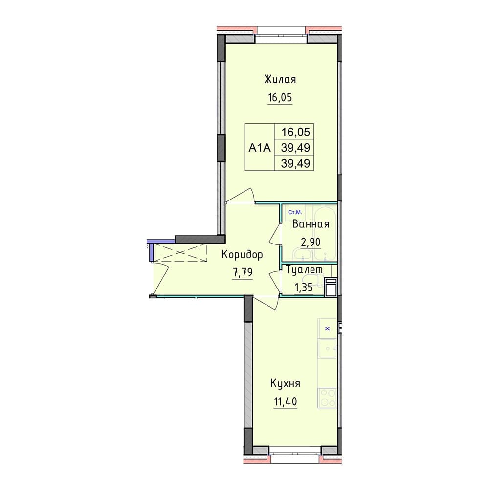 Планировка — 1-комнатная, 39.49 м²