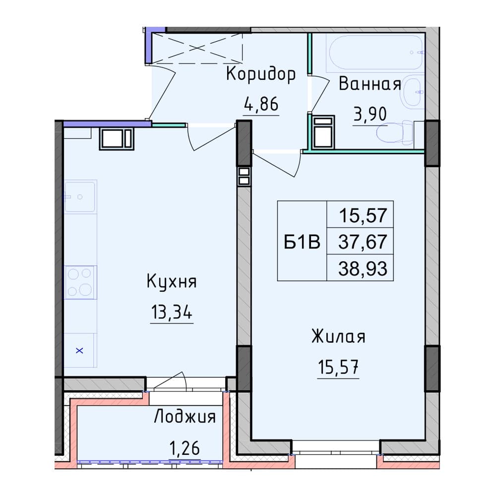 Планировка — 1-комнатная, 38.93 м², ЖК «Рассвет»