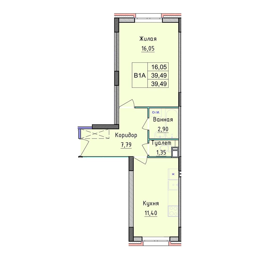 Планировка — 1-комнатная, 39.49 м²