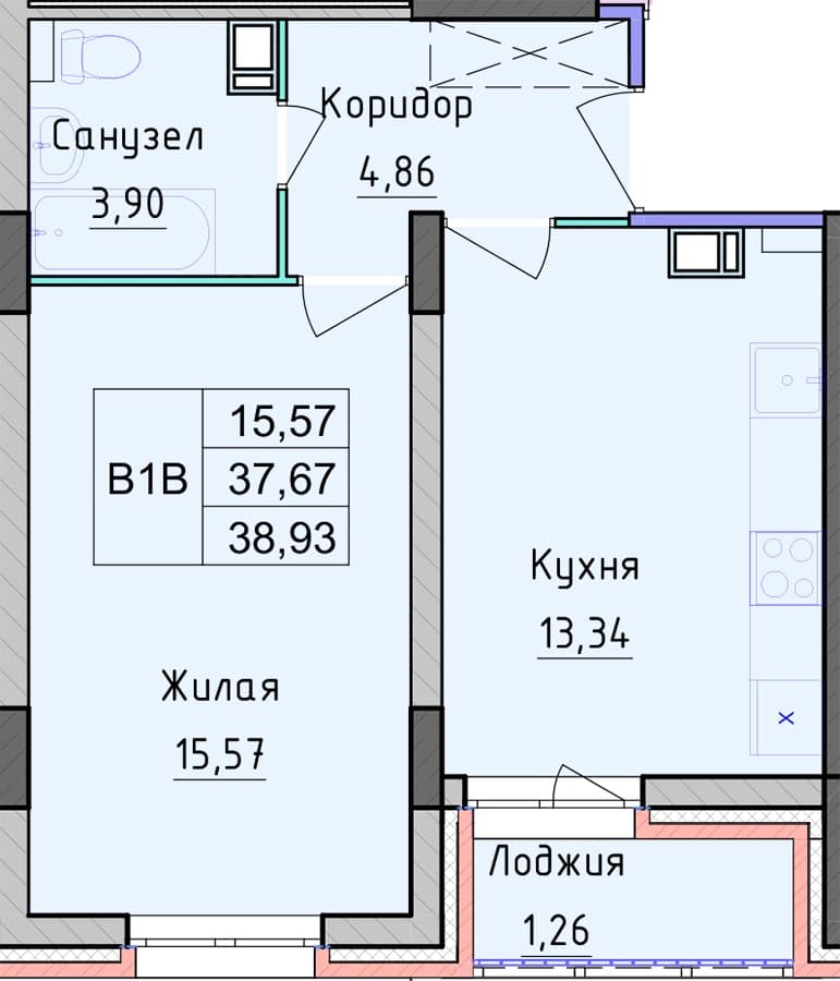 Планировка — 1-комнатная, 38.93 м², ЖК «Рассвет»
