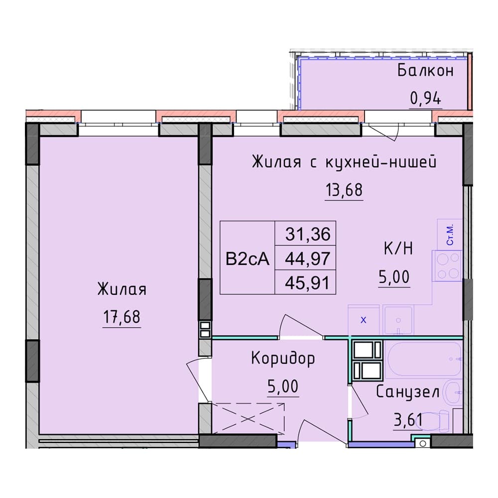 Планировка — 1-комнатная, 45.91 м², ЖК «Рассвет»