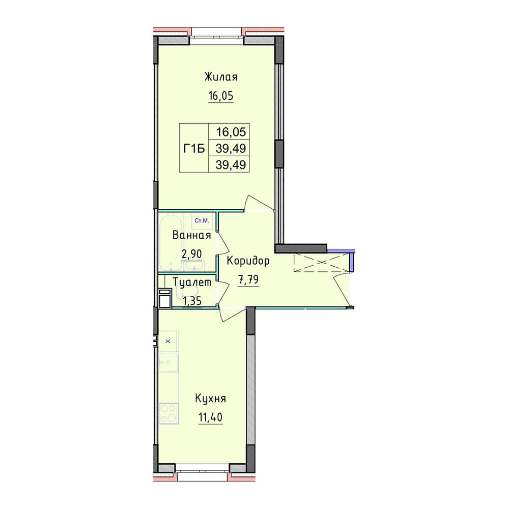 Планировка — 1-комнатная, 39.49 м²